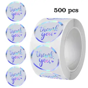 500pcs Laser Holographic Thank You Stickers Decorative Sticker Self-Adhesive Sealing Labels Gold Foil Gift Envelope Card DIY Decoration Vinyl Adhesive Seal
