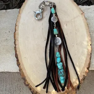 Tribal Sun Charm Folk Keychain - Raw Turquoise Pebble Stone Tassel, Southwestern Leather Handbag Accessory, Folk Keychains