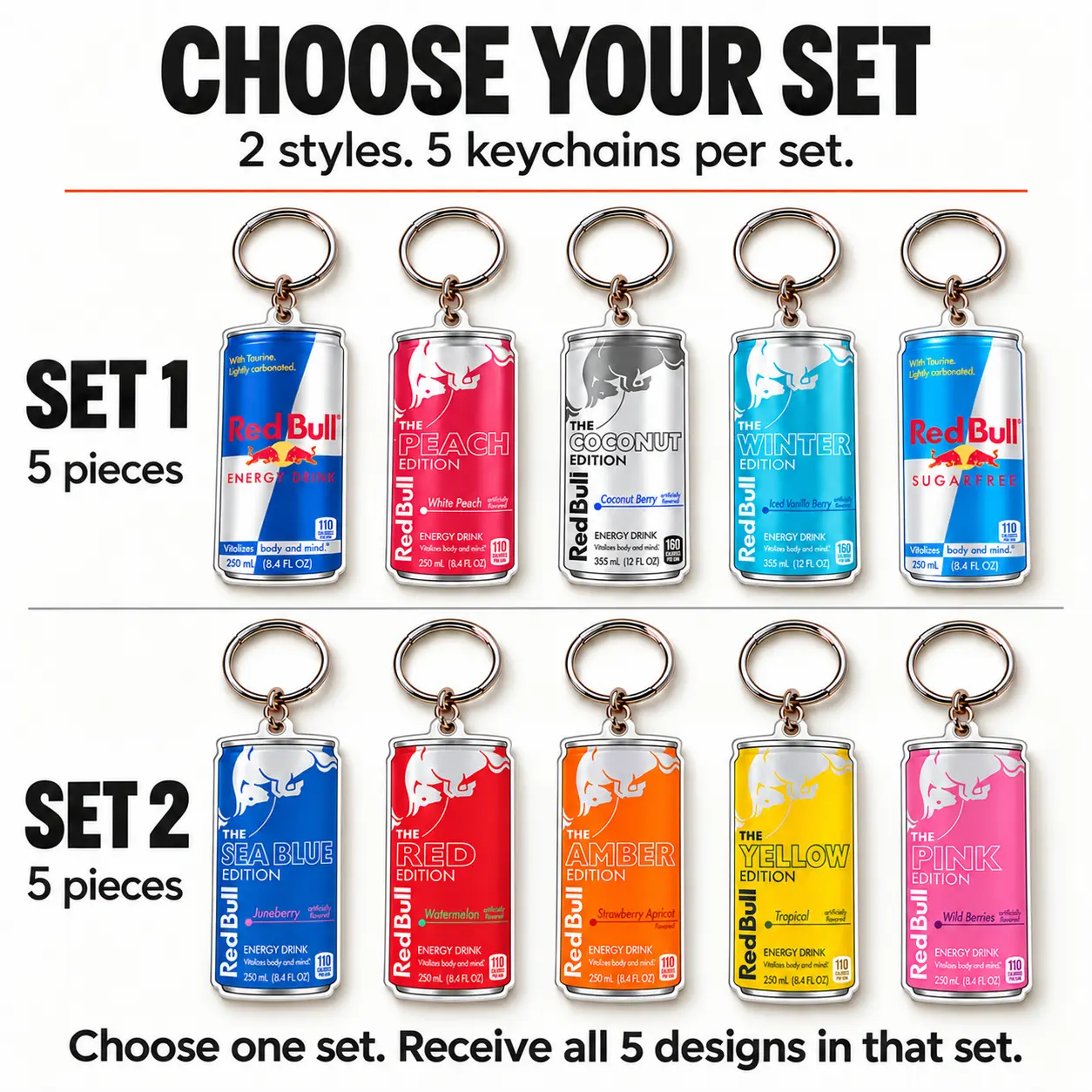 Acrylic Energy Drink Can Keychain Set – 2 Style Options, 5 Pieces per Set, 2.76 x 1.18 in Flat Charms with Metal Rings, Bag & Backpack Accessories, Gift for Collectors