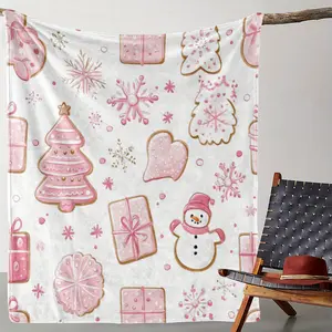 Flannel Christmas Blanket with Snowman & Pink Gingerbread Design - Soft, Warm, All-Season Throw for Couch, Bed, Car, Office, Camping & Travel - Festive Holiday Decor Background, Travel Throw|Playful Pattern Throw, Christmas Throw Blanket