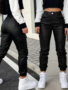 Women's Slim Fit Workwear Coated PU Elastic Denim Jeans Pants, Stylish and Comfortable Jeans for Everyday Wear, Perfect for Casual, Streetwear