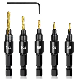 SummerVibes Countersink Drill Bit Set, 5 PCS Counter Sink Drill Bit Adjustable,#5,#6,#8,#10,#12, Used for Wood Countersink Drill Bit with Depth Stop
