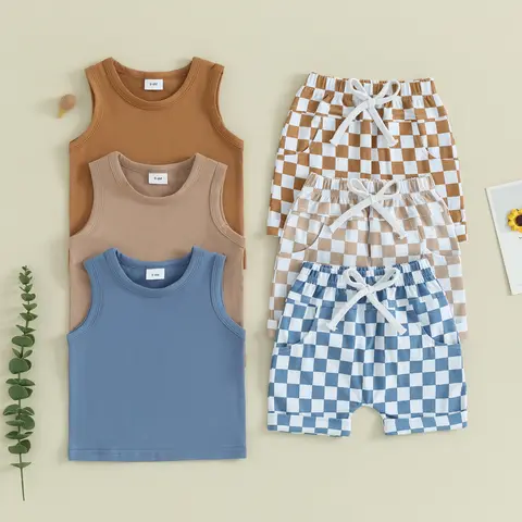 Toddler Baby Boy Clothes Sleeveless Tank Tops + Checkerboard Print Jogger Shorts with Pockets 2Pcs Summer Outfits