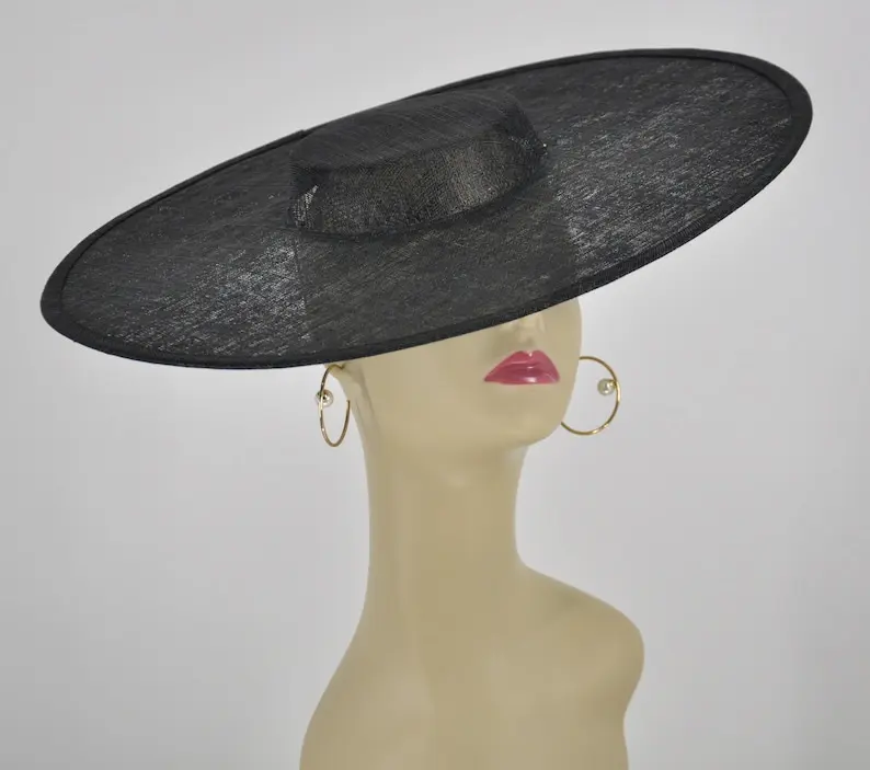 Sinamay Large Brim Fascinator Hat - 18.5 Inch Diameter, Available in Black, Off White, Pink, Hot Pink, and Lime Green, Elastic Included for DIY Millinery creations