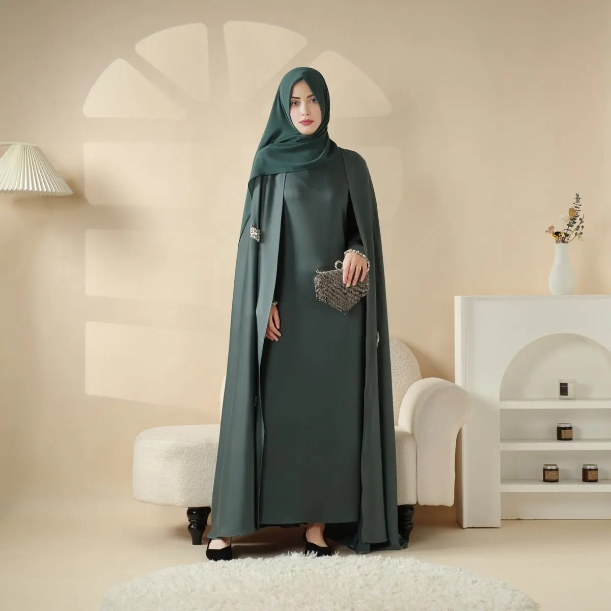 Elegant Cape Abaya 3-Piece Set with an Attached Heavy Rhinestone Cape, Full Length Stretch Dress, and Matching Chiffon Hijab for Weddings, Round Neckline