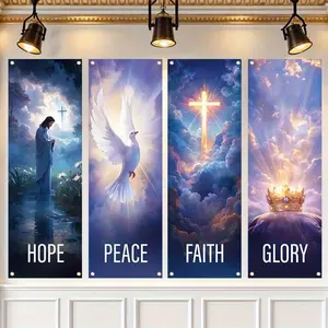 Easter Theme Backdrop Banner, 4 Counts/set Easter Church Banner, Wall Decor for Church Sanctuary Walls, Celebrations, Gifts, and Home Wall Decorations, Ornaments, Party Decorations Banners