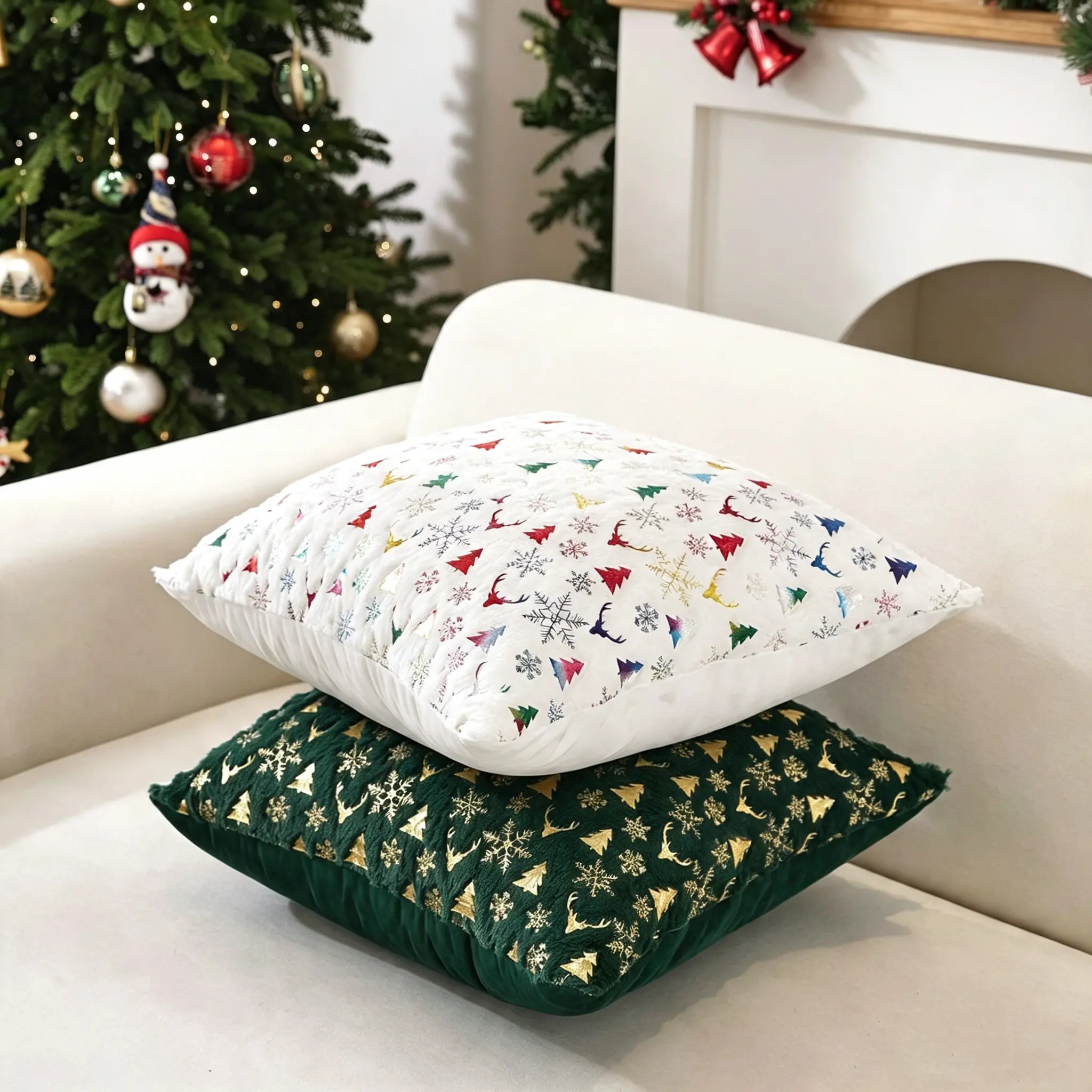 Luxury Gold Christmas Pillow Cover 18x18 Set of 2, Luxury Gold Foil Holiday Throw Pillow Case, Elegant Christmas Tree Snowflake Reindeer Decorative Cushion Cover for Sofa Couch Bedroom Christmas Home Decor