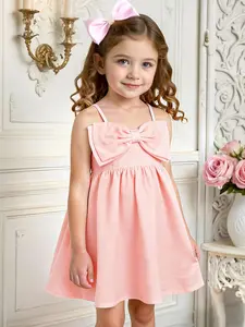 Girls Knee Length Casual Pleated Dress with Big Bow Tie Waist, Sweet and Cute Fashion for 3-8 Year Olds, Perfect for Parties and Vacations
