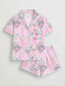 Women's Floral Printed Sleepwear Set, Matching Pj Set, Short Sleeve Button-Up Top & Elastic Shorts, Casual Home Wear, All Seasons Comfort, Floral Pajama Sets, Matching Pajamas