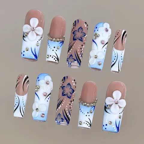 NailVesta AZURE SPLASH  – 100% Handcrafted 3D Press-On Nails | Reusable, Long-Lasting, Salon-Quality
