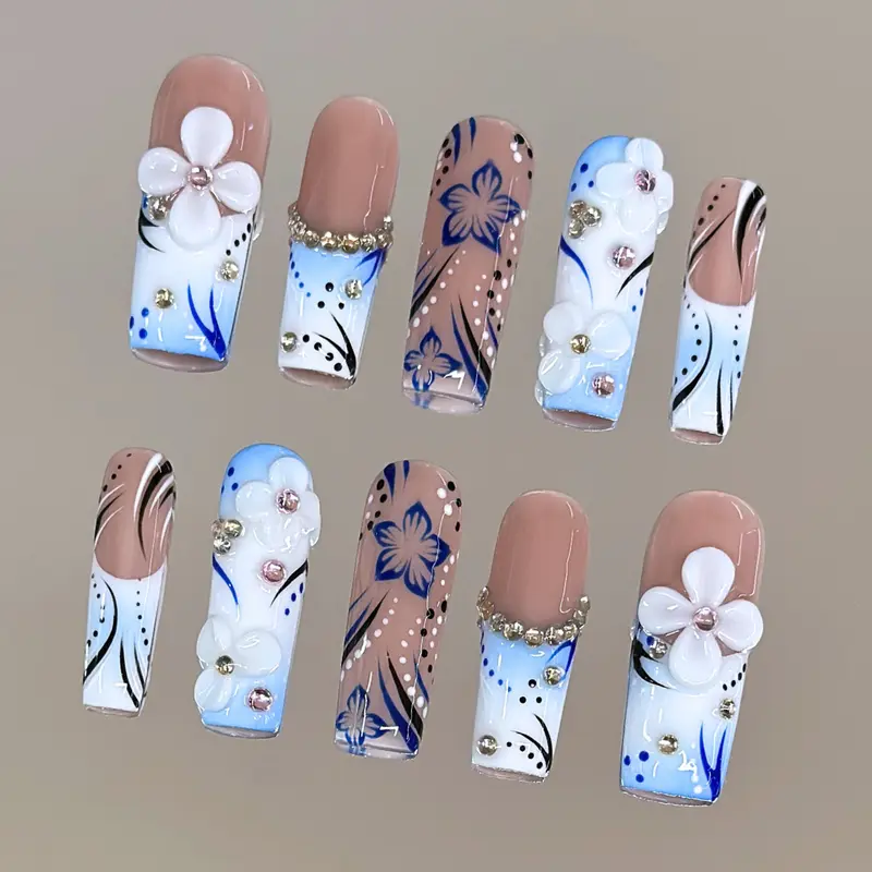NailVesta AZURE SPLASH – 100% Handcrafted 3D Press-On Nails | Reusable, Long-Lasting, Salon-Quality