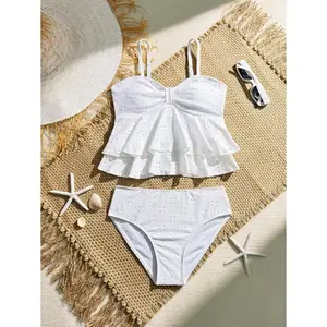 Tween Girls Summer Beach White Hollow Double Ruffle Tankini Swimwear Set with Adjustable Spaghetti Strap Design for Beach and Vacation, Two Pieces Set