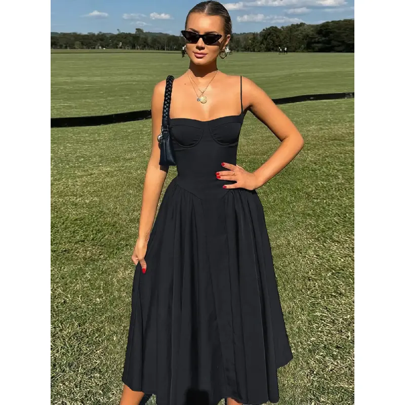 Women's Plain Backless Spaghetti Strap Sleeveless A-Line Slim-Fit Dress - Moderately Thick, Machine Washable Formal Wear for Party, Holiday Summer Dress