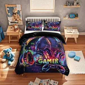 3pcs Cyberpunk Theme Gaming Controller Print Bedding Set, High-Definition Home Dormitory, All Seasons Use