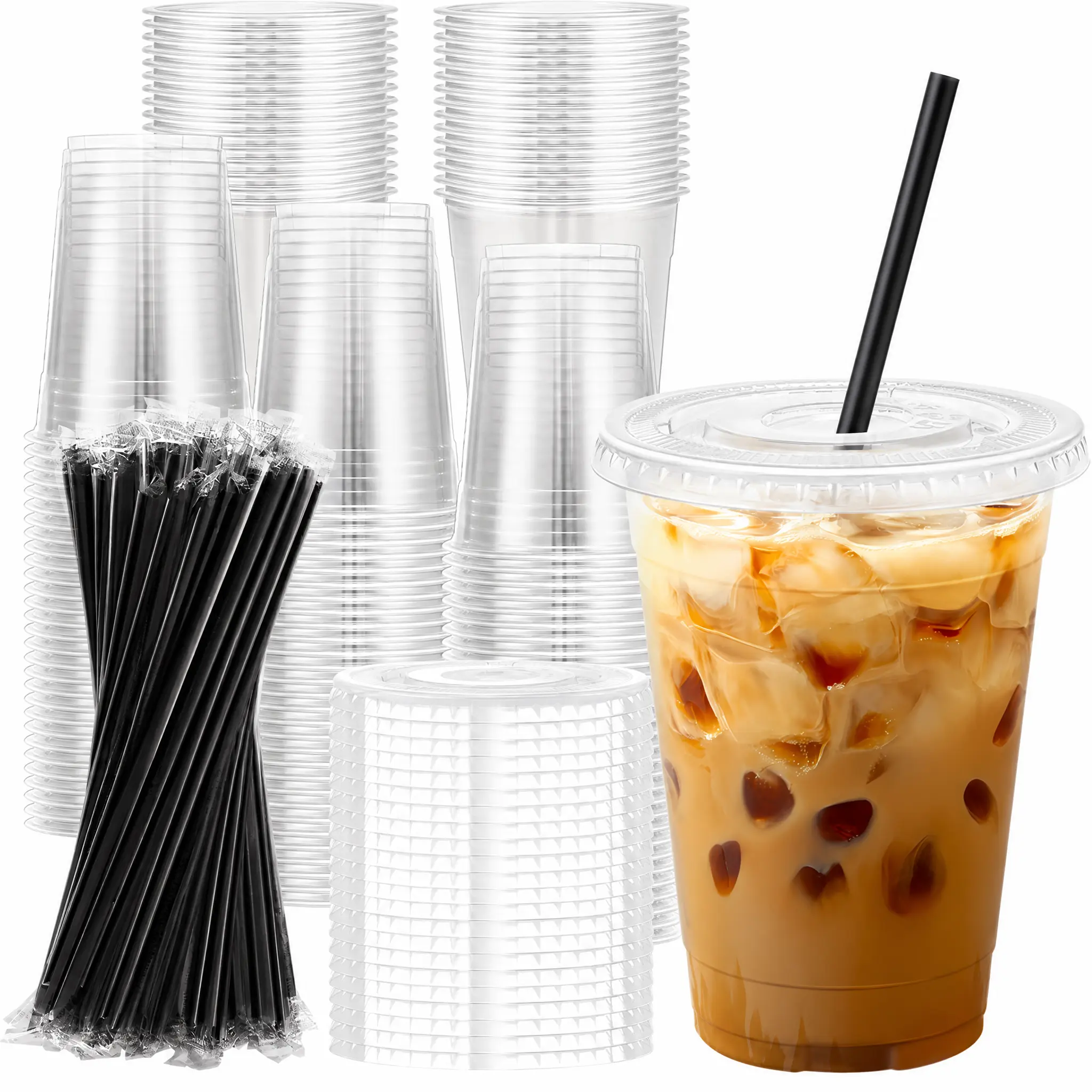 40 Set 500ml Clear Plastic Cups with Lids & Straws, Disposable Round Bottom To Go Iced Coffee Drinking Cup for Cold Beverage Smoothies Juice Lemonade Slushies Milkshake Party Catering Supplies