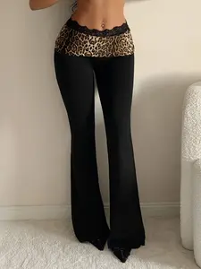 Women's High Waist Lace Tight-Fitting Flared Pants, Casual Elastic Waist, Leopard Patchwork Print Design, Aesthetic Street Style Casual Wear, Comfortable & Stylish Women's Bottoms