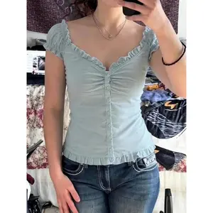 y2k Shirt Tops Women Gingham/Dots/Solid Color Frill Trim Cap Sleeve V Neck Button-up Crop Tanks Coquette Clothes