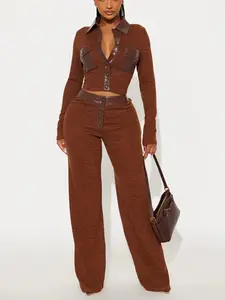 Elonna Faux Leather Trim Pant Set - Brown