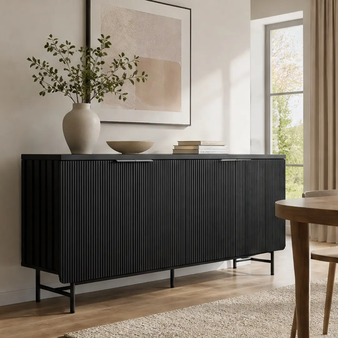 68-Inch Sturdy Modern Scandinavian Arch Sideboard Buffet Cabinet Combo Item - MDF with Laminate Finish, LED Ambient Lighting, Alcove Door Design, Adjustable Shelves, Black, Assembly Required, Apartment Furniture for Dining Room, Living Room
