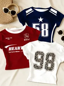 3-Piece Set Girls Y2K Sporty Print Short Sleeve Tops, Leopard Letter Print, /indigo/, Slim Fit Casual Wear for Kids & Teens