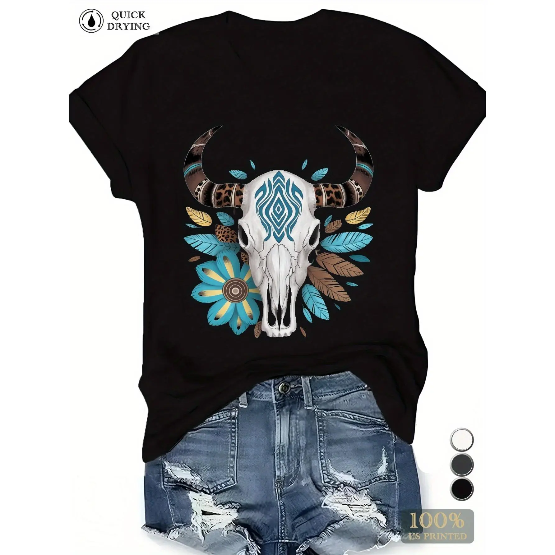 Women's Chic Pure Cotton Fitted T-Shirt - Casual Short Sleeve Crew Neck Top with Korean Style Digital Print Cartoon Tribal Animal Skull Graphic, Figure-Flattering, Preppy, Retro, for Thanksgiving, Easter, Valentine's Day Wear, Lady, Tshirt, Valentines Day