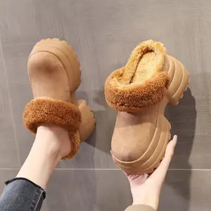 Women'S Beige Platform Clogs with faux fur & Chunky Heel - Slip-On Mules with Zipper Closure, Round Toe Winter Warmth, All-Day Comfort, Korean-Inspired Chunky Heel & Arch Support - Super Fiber Upper & Cushioned Insole for Casual to Formal Outfits -