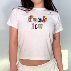 Anti Ice Magazine Letter Baby Tee, Fuck ICE Y2K Crop Top, Protect Immigrants Tee, No Human Is Illegal Top