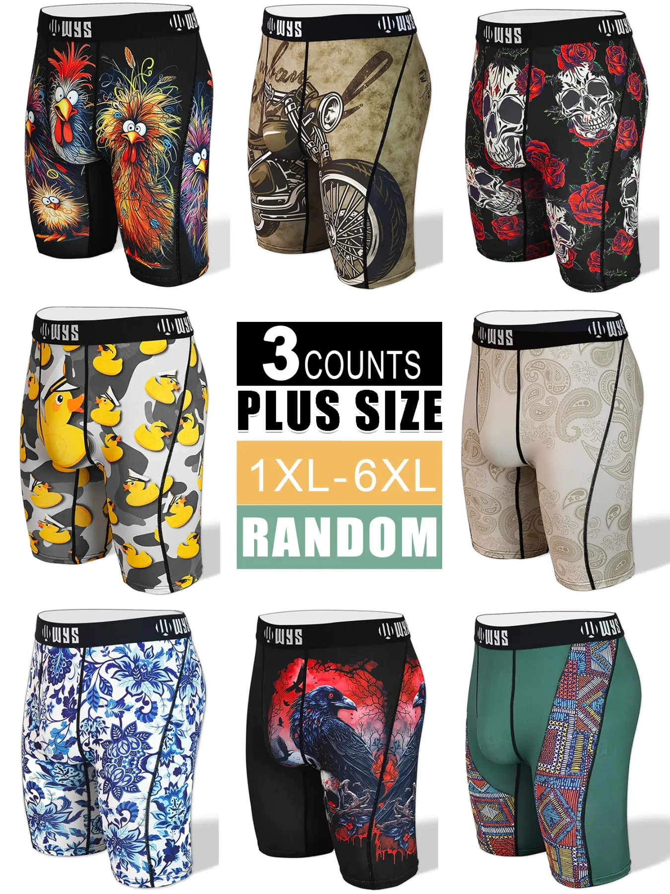 RANDOM-3PCS,Men's Large Size Stretchy Boxer Briefs 1xl-6xl, Moisture-Wicking, Anti-Chafing, Quick-Dry, Print Patterns, Comfortable Casual Breathable Underwear, Menswear