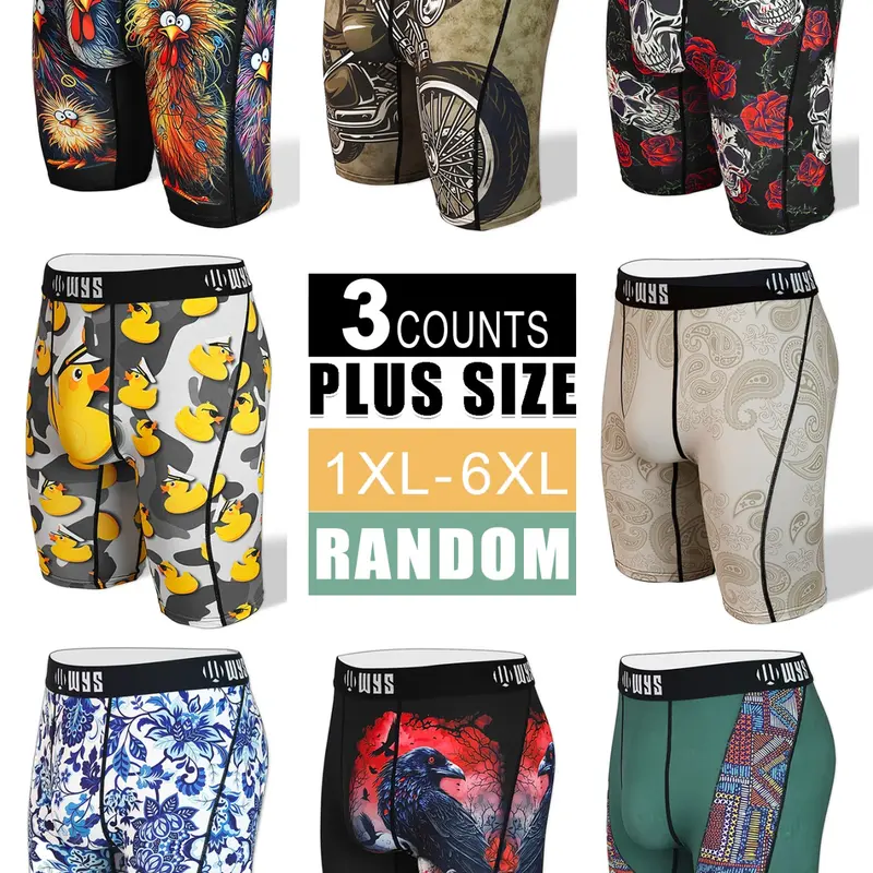 RANDOM-3PCS,Men's Large Size Stretchy Boxer Briefs 1xl-6xl, Moisture-Wicking, Anti-Chafing, Quick-Dry, Print Patterns, Comfortable Casual Breathable Comfy Underwear, Menswear