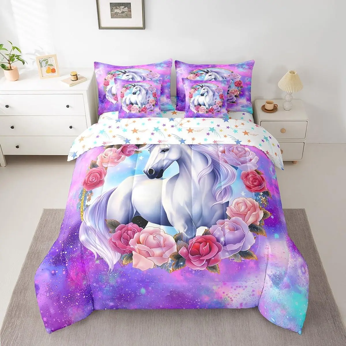 7 Pieces Unicorn Comforter Set,Watercolor Flower Bedding Set for Kids Girls Princess Room Decor,Purple Galaxy Unicorn 7pcs Bed in a Bag with Comforter,Sheets and Pillow Cases