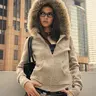 FDR Slim Fit Fuzzy Zip Up Hoodie with Detachable Fur Collar for Women Cozy Striped Vintage Long Sleeve Casual Outerwear Cropped Sweatshirts Coat Top #Summervibes