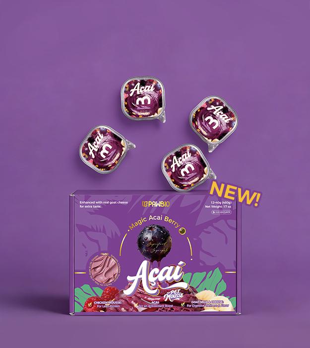 Pawbio Acai Superfood Mousse for Pets Digestive Support Goat Cheese Flavor 12 Cups for Dogs & Cats Irresistibly Tasty with Real Goat Cheese & Açaí Berry