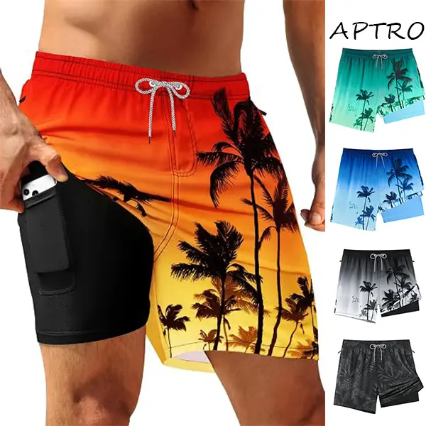 APTRO Men's 5.5-Inch 2-in-1 Swim Trunks – Quick-Dry & Breathable, with Compression Liner, Zipper Pockets, Casual & Athletic.