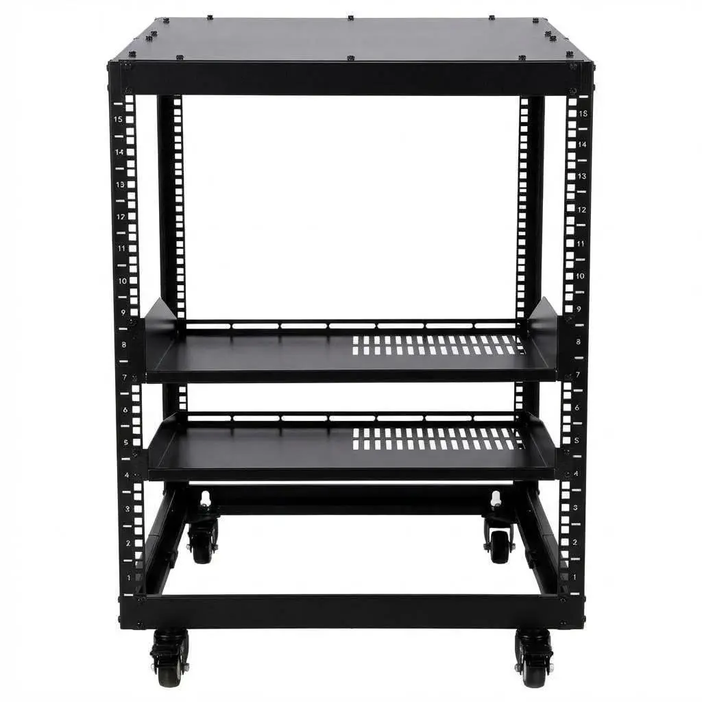 Open Frame 19-Inch Network Server Rack, Wall-Mount or Freestanding Floor Stand, Adjustable Depth 23–40 in, Heavy-Duty AV/IT Equipment Rack for Home/Office - a Pair of Gloves | 15U