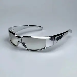 Silver Glitter Sunglasses with Square Reflective Frame Cyberpunk Style Cool High-tech Design