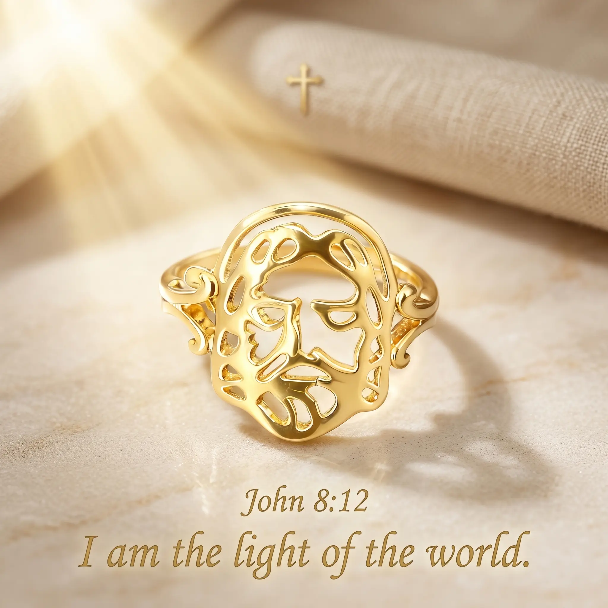OLDT Openwork Filigree Jesus Ring, 14K Gold Plated Christ The Redeemer Amulet, Religious Healing & Strength Jewelry Gift (Sizes 6-9)