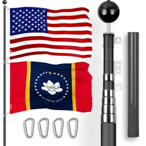G128 Combo Pack: 20 Ft Telescoping Aluminum Flagpole (Black) & American and Mississippi Magnolia Flags 3x5 Ft, Both ToughWeave Series Embroidered Polyester | Pole with Flags Included