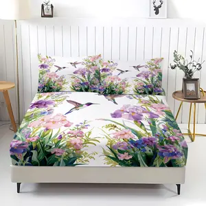 Floral Bedding Sets Hummingbird Iris Flowers Fitted Sheet Garden Botanical Gorgeous Bedding Sets Gift For Women Wild Animals Natural Pastoral Bedding Decor Set 3 Pieces Bedroom Decor Decorative Bedsheet Sets