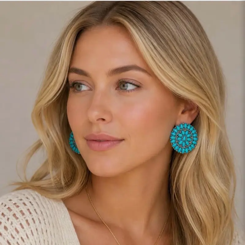 Western Style Silver Tone Faux Turquoise Large Statement Earrings