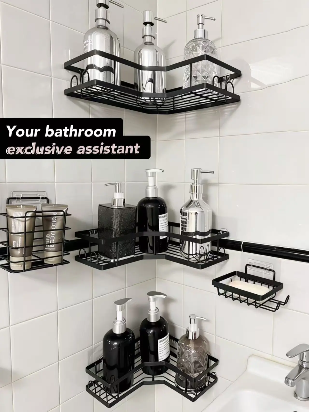 Minimalist 5-Piece Round No-Drill Corner Shower Caddy Set, Rustproof Waterproof Home Goods with Strong Adhesive Mount, Ample Space Shower Organizer, Soap Dish, Toothbrush Holder for Renters