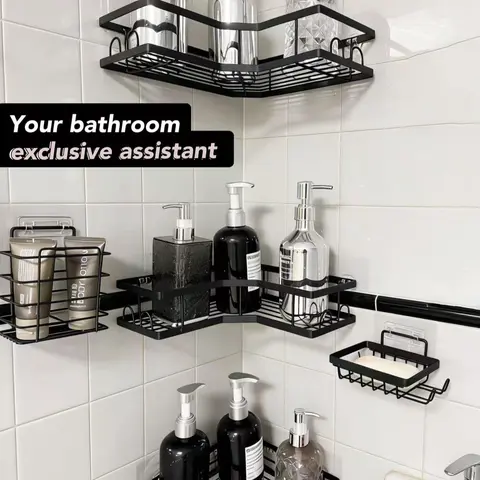 Minimalist 5-Piece Round No-Drill Corner Shower Caddy Set, Rustproof Waterproof Home Goods with Strong Adhesive Mount, Ample Space Shower Organizer, Soap Dish, Toothbrush Holder for Renters