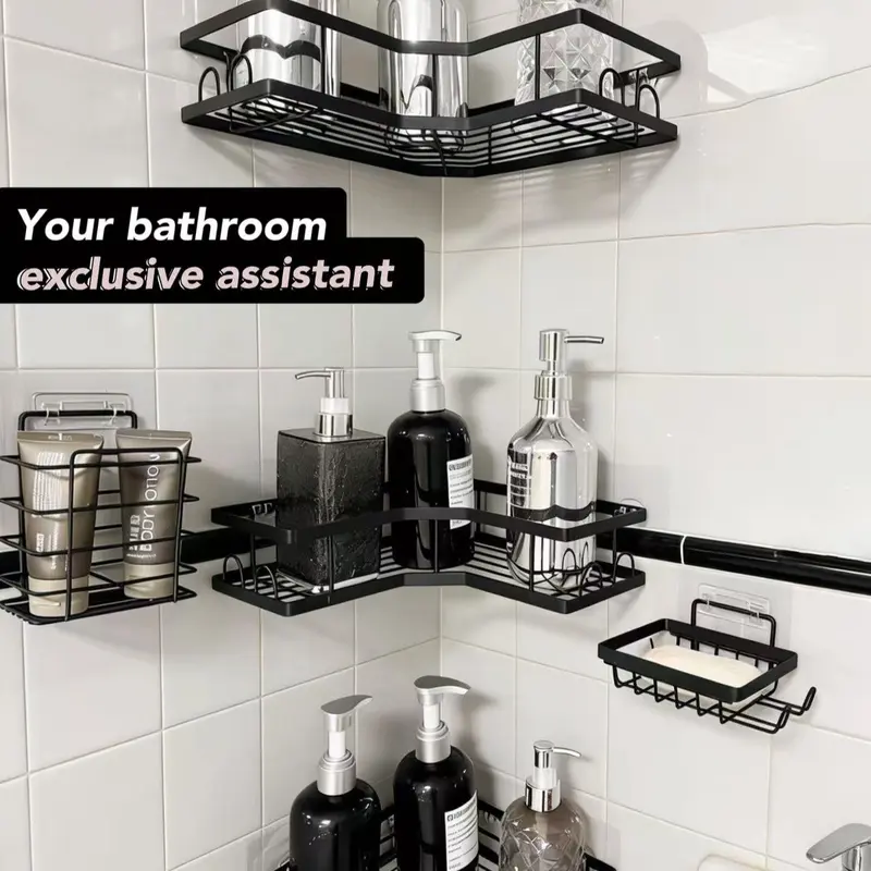 Minimalist 5-Piece Round No-Drill Corner Shower Caddy Set, Rustproof Waterproof Home Goods with Strong Adhesive Mount, Ample Space Shower Organizer, Soap Dish, Toothbrush Holder for Renters