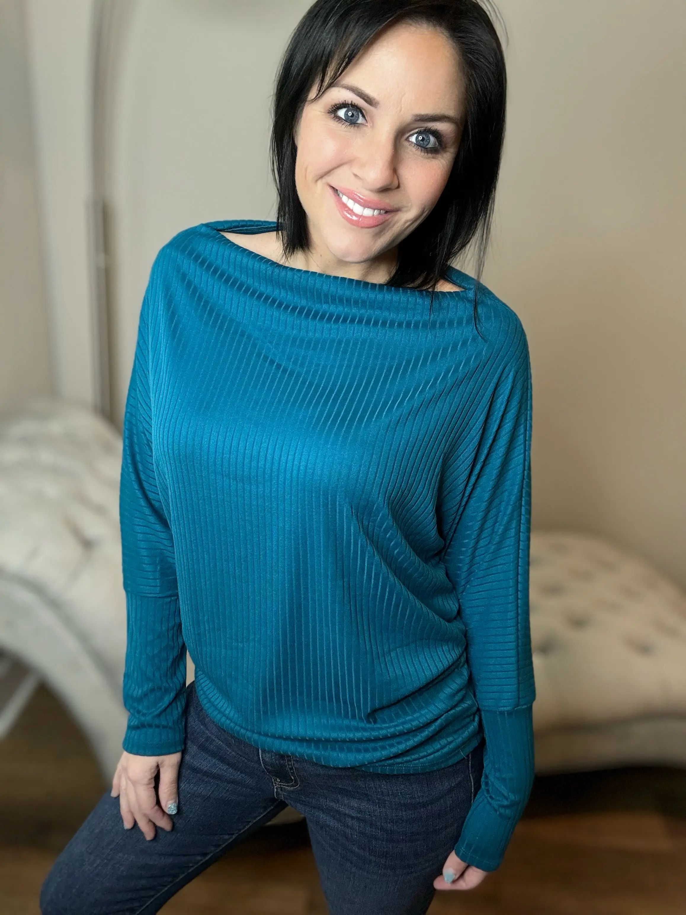 M L - Teal Ribbed Dolman Long Sleeve