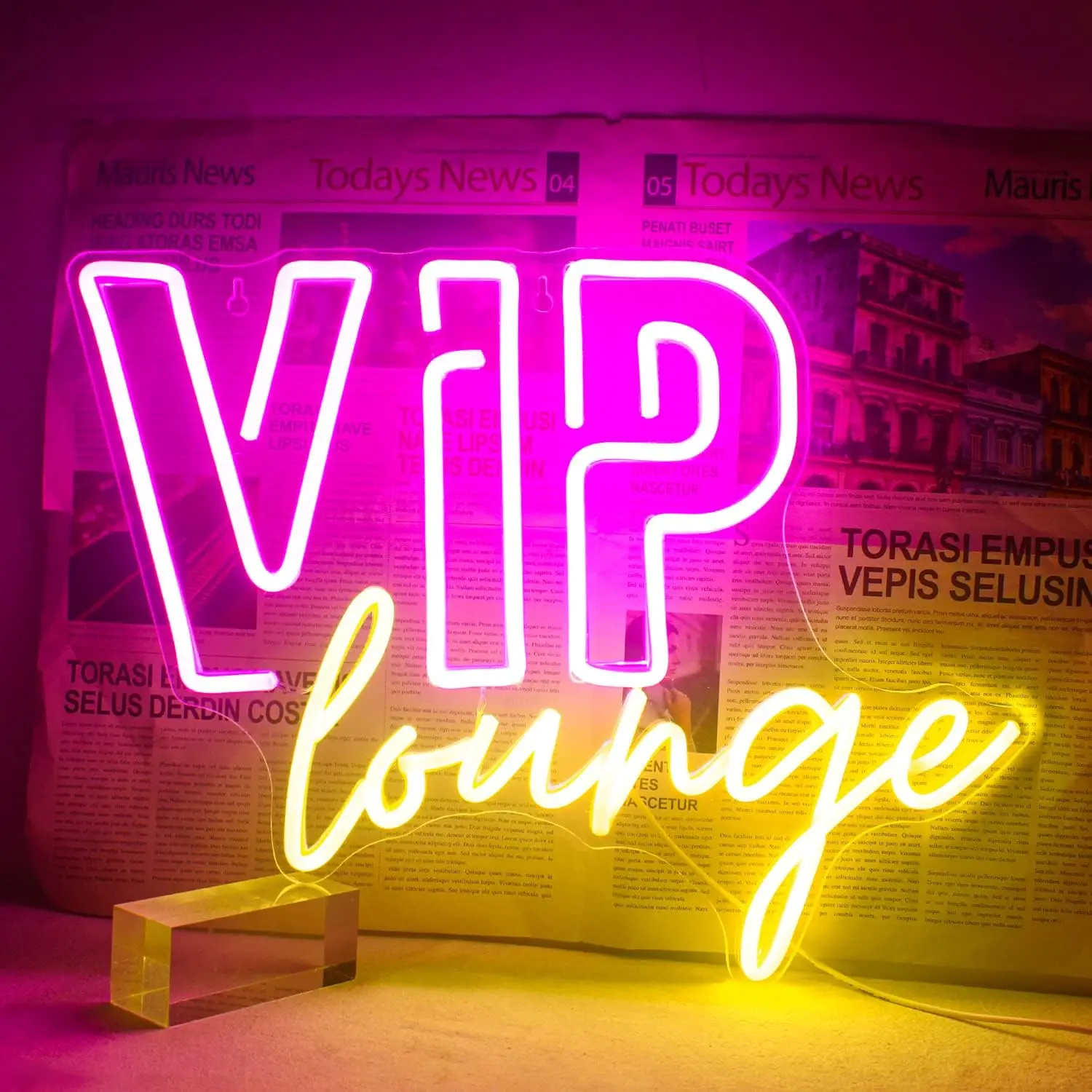 Serbasic VIP Lounge Neon Sign - Acrylic, USB-Powered, Dimmable, Yellow & Pink LED, Shiny Artistic Aesthetic Backlit Colored Illuminated Light-Up Home Signs with ON/OFF Switch, Wall Hanging for Wall Decor, Living Room, Aesthetic Light Signs