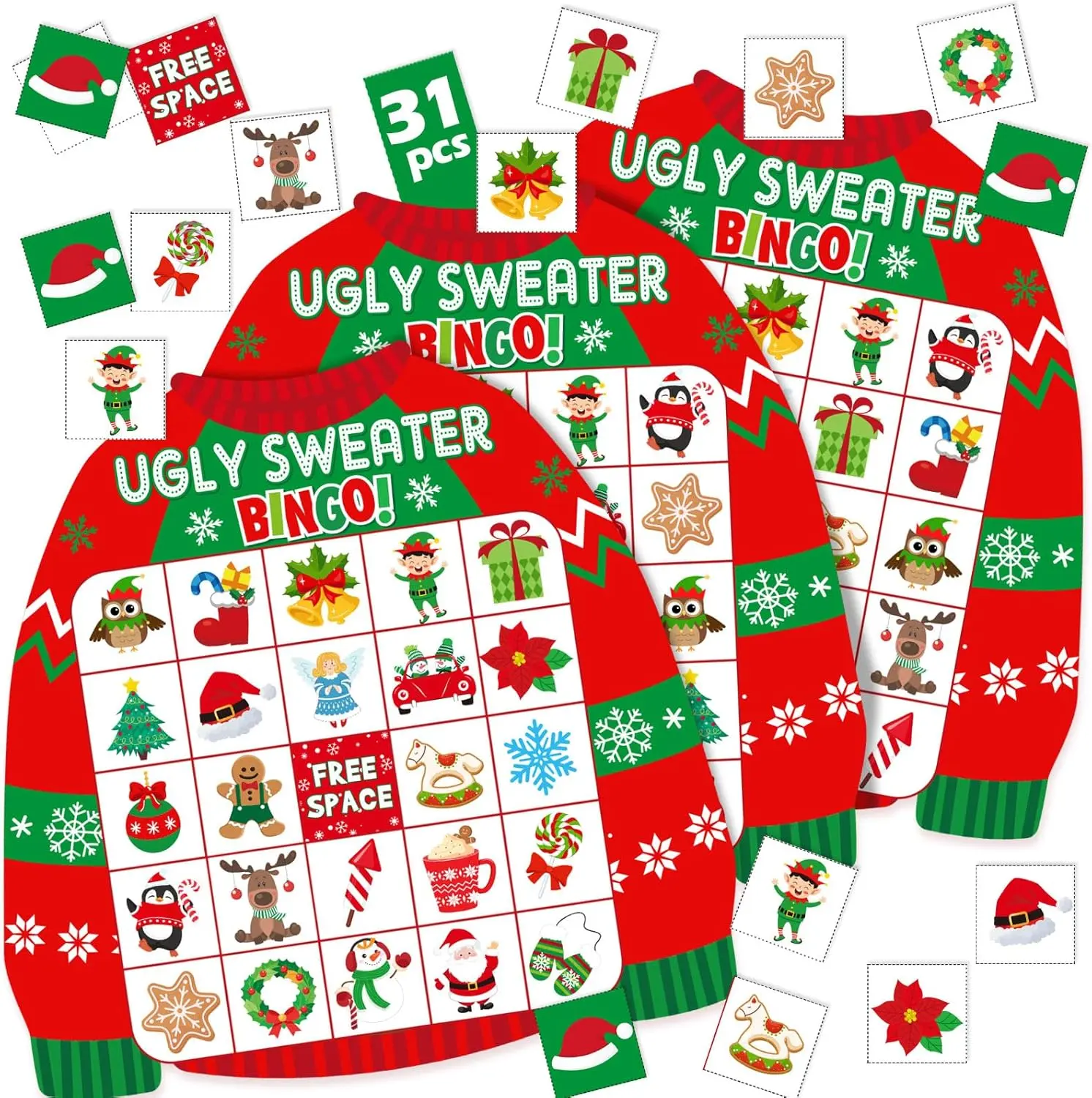 Christmas Bingo Game – 24/48 Players Holiday Bingo Cards with Gingerbread House Reindeer Snowman Ugly Sweater Theme, Winter Party Game for Christmas Party Favors Family Classroom Activities