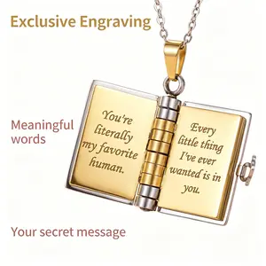 Openable Book Locket Necklace for Mom or Partner Custom Engraved Hidden Message Pendant Stainless Steel Keepsake Jewelry Gift for Her Him
