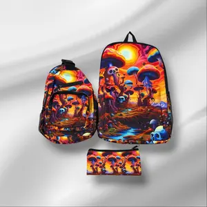 Trippy Mushroom Backpack Set with Vibrant Psychedelic Design and Matching Accessory Perfect for Festival and Travel