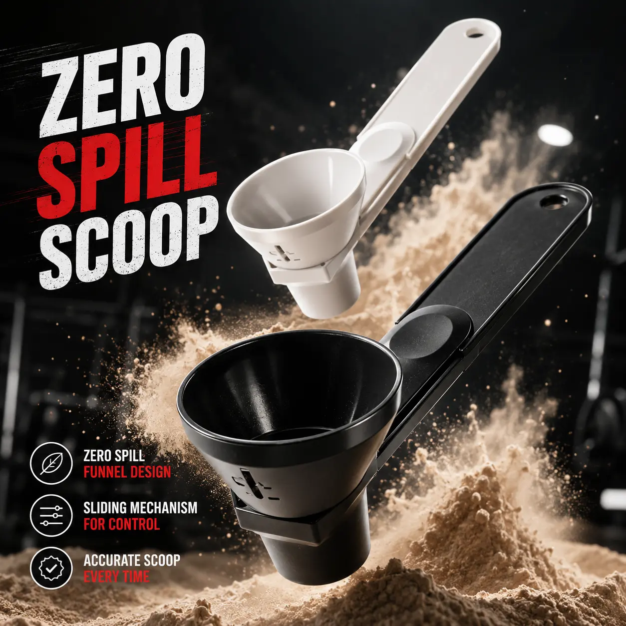 2-Piece Sliding Lever Measuring Spoon Set - ABS Kitchen & Gym Utensil for Fitness Enthusiasts, Built-in Powder Funnel, Leak-Proof, Dry+Liquid Transfer, Coffee Stays Put Scoop, Powder Funnel Use