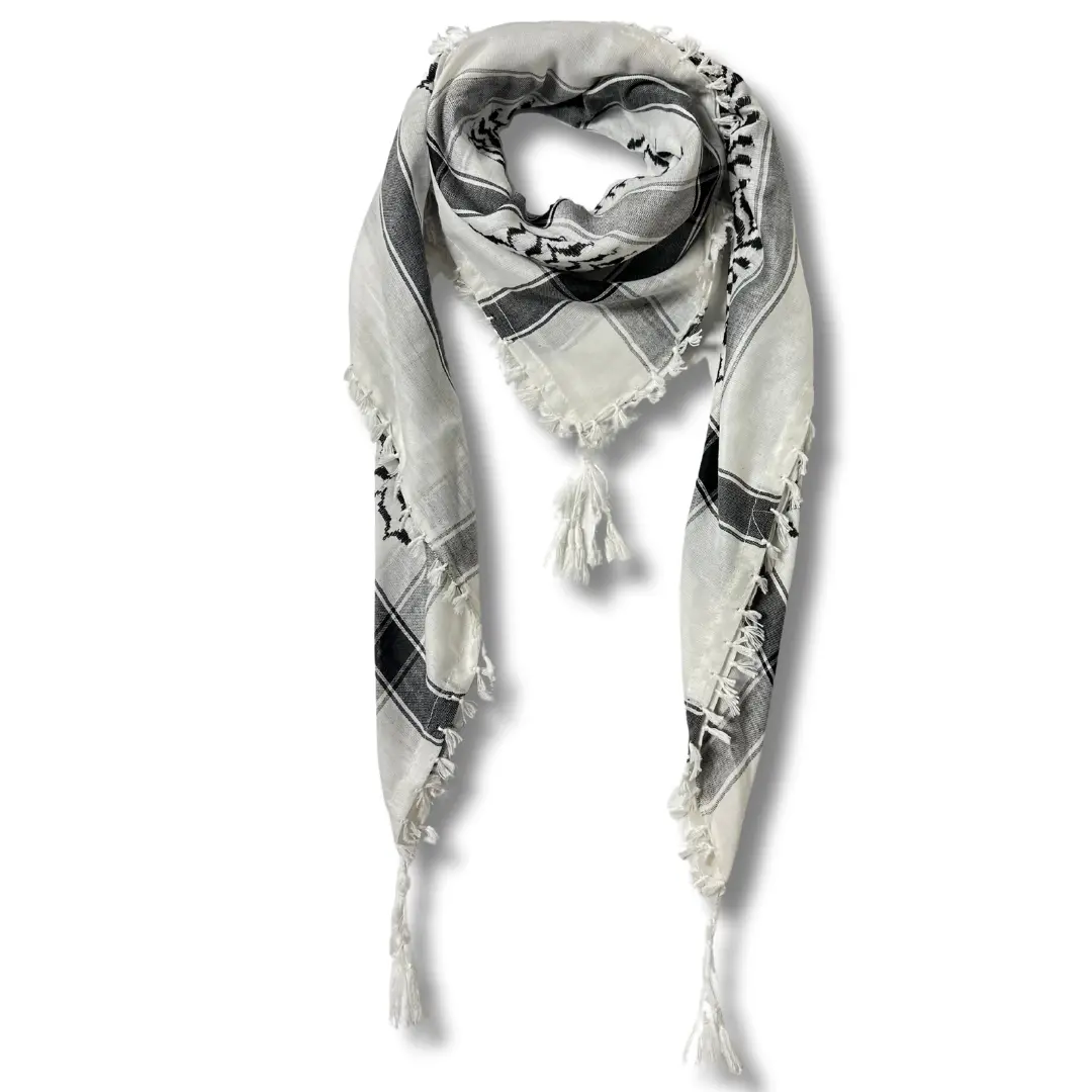 Authentic Palestinian Kuffiyeh Cotton Scarf with Sharshoba Embroidery Fringe Trim 47x47 Inches Handmade Fashion Accessory Machine Washable