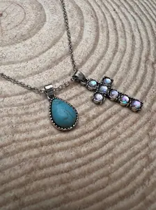 Western Rhinestone Cross and Faux Turquoise Dangle Necklace - 18 inch + 3